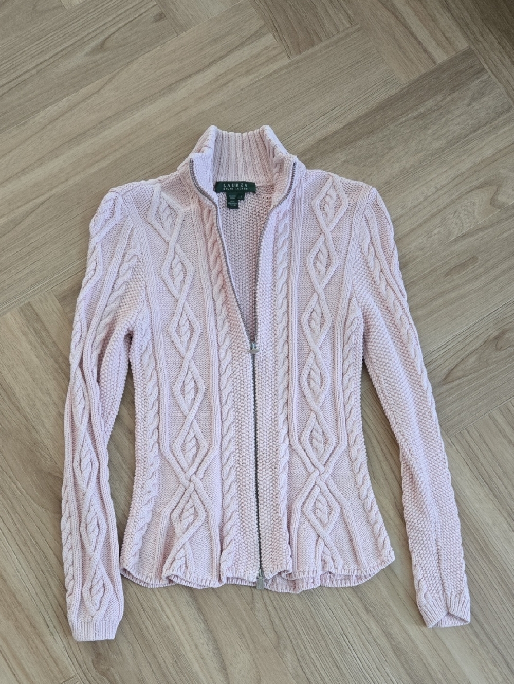 Lauren Ralph Lauren Pink Cable-Knit Zip Sweater Small